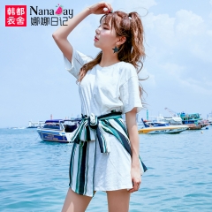 娜娜日记2017夏装新款女装白色高腰假两件套连衣裙短裙裙子NL6797 白色 XS