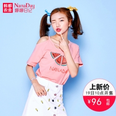 娜娜日记甜美女装2016夏装新款圆领镂空可爱印花短袖T恤NK5367冉 粉色 XS