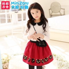 女童红色韩版无帽长袖裙子套头两件套装YO3090【MiniZaru米妮哈鲁 2016春装新品】 红色
