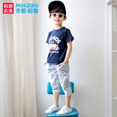 男童深藏蓝色时尚舒适韩版卡通短袖裤子套装ZE4231【MiniZaru米妮哈鲁 2016夏装新品】 